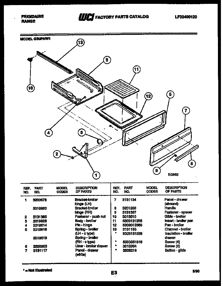 BROILER DRAWER PARTS Diagram and Parts List for G30PNL1  Frigidaire Range