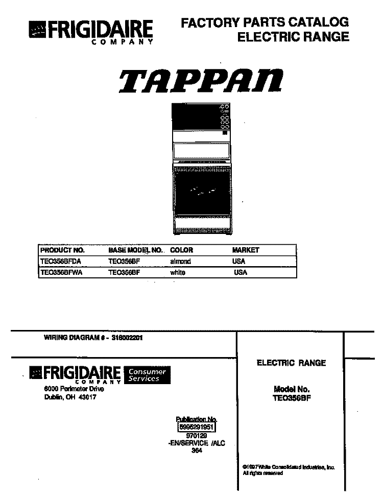 COVER Diagram and Parts List for TEO356BFDA  Tappan Range