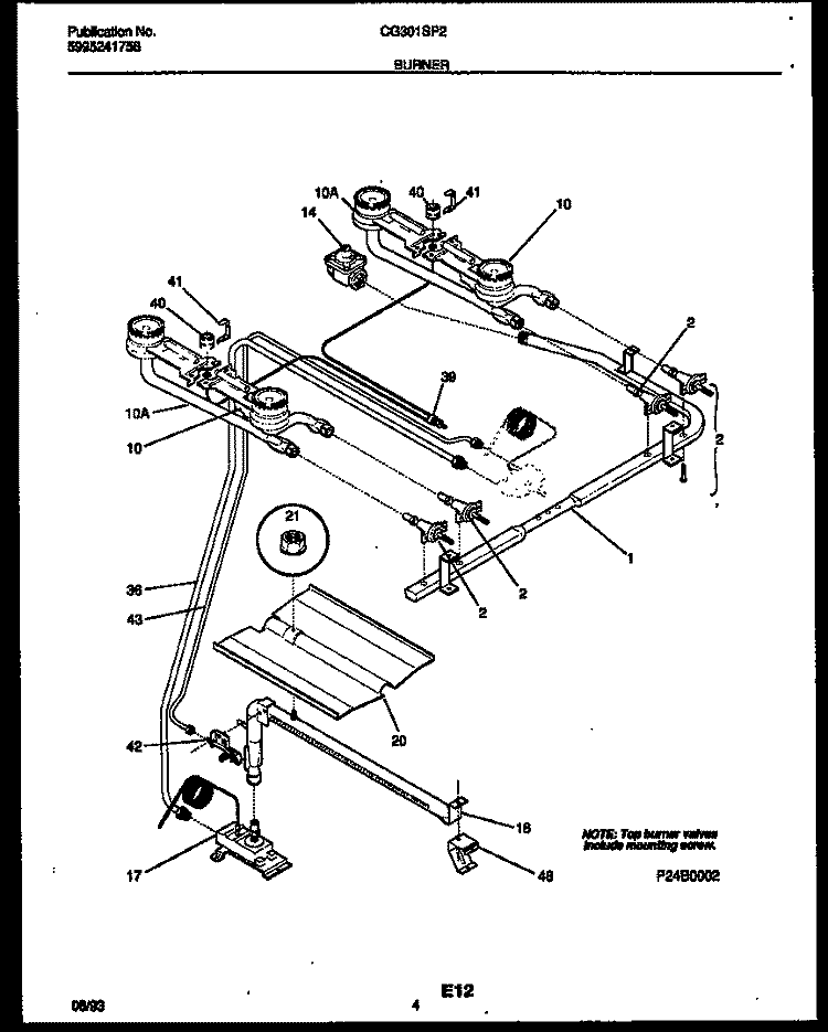BURNER, MANIFOLD AND GAS CONTROL Diagram and Parts List for CG301SP2D4  Frigidaire Range