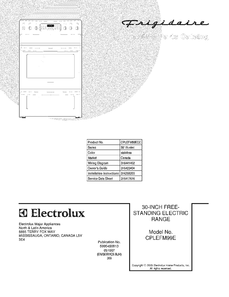 COVER Diagram and Parts List for CPLEFM99ECC  Frigidaire Range