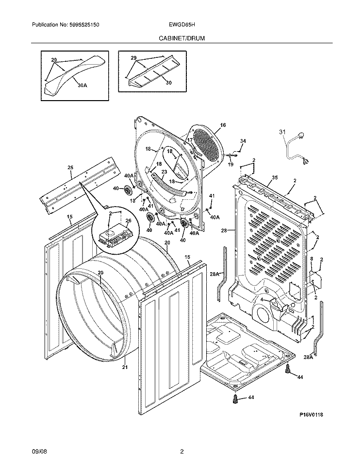 CABINET/DRUM Diagram and Parts List for EWGD65HSS0  Electrolux Dryer