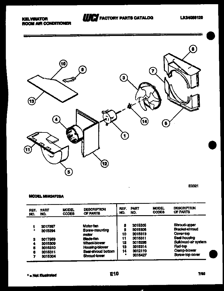 AIR HANDLING PARTS Diagram and Parts List for MH424F2SA  Kelvinator Air Conditioner