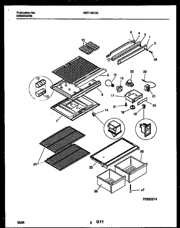 SHELVES AND SUPPORTS Diagram and Parts List for WRT18CVAW1  Frigidaire Refrigerator