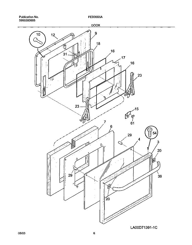 DOOR Diagram and Parts List for FEB30S5ABB  Frigidaire Wall Oven