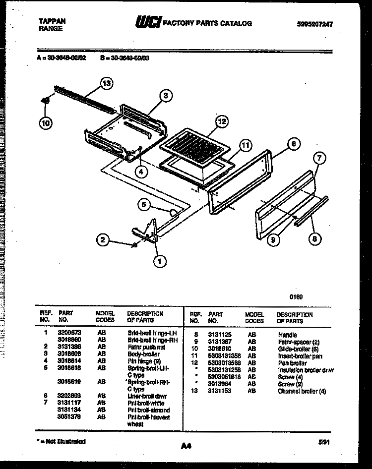 BROILER DRAWER PARTS Diagram and Parts List for 30-3648-23-02  Tappan Range
