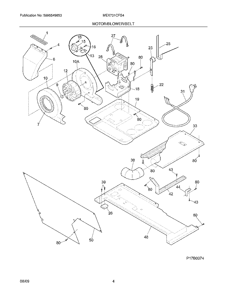 MOTOR/BLOWER/BELT Diagram and Parts List for MEX731CFS4  Uni Washer Dryer Combo