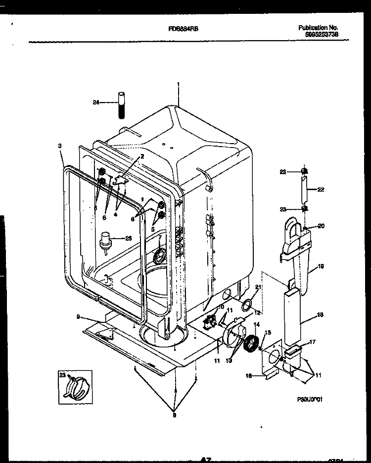 TUB AND FRAME PARTS Diagram and Parts List for FDB884RBB0  Frigidaire Dishwasher