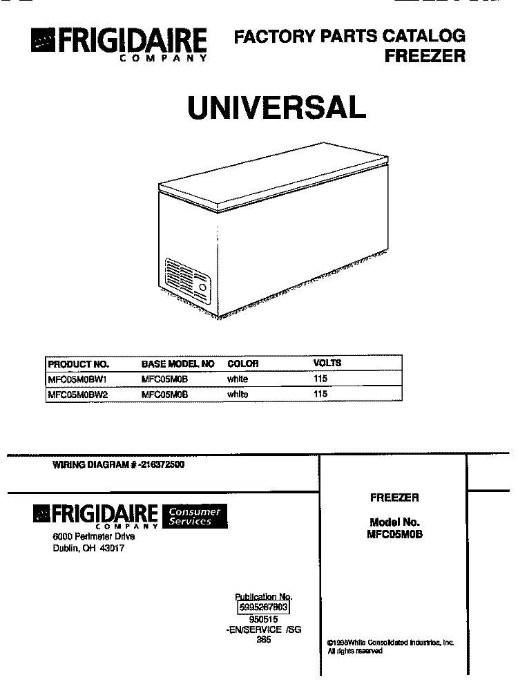 COVER Diagram and Parts List for MFC05M0BW1  Frigidaire Freezer