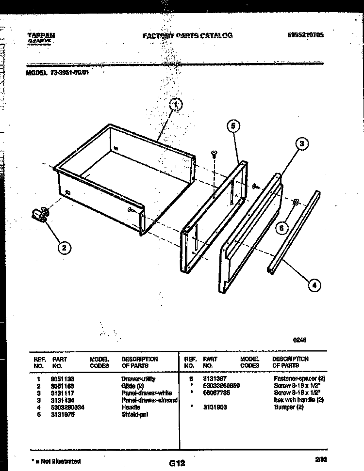 DRAWER PARTS Diagram and Parts List for 73-3951-23-01  Tappan Range