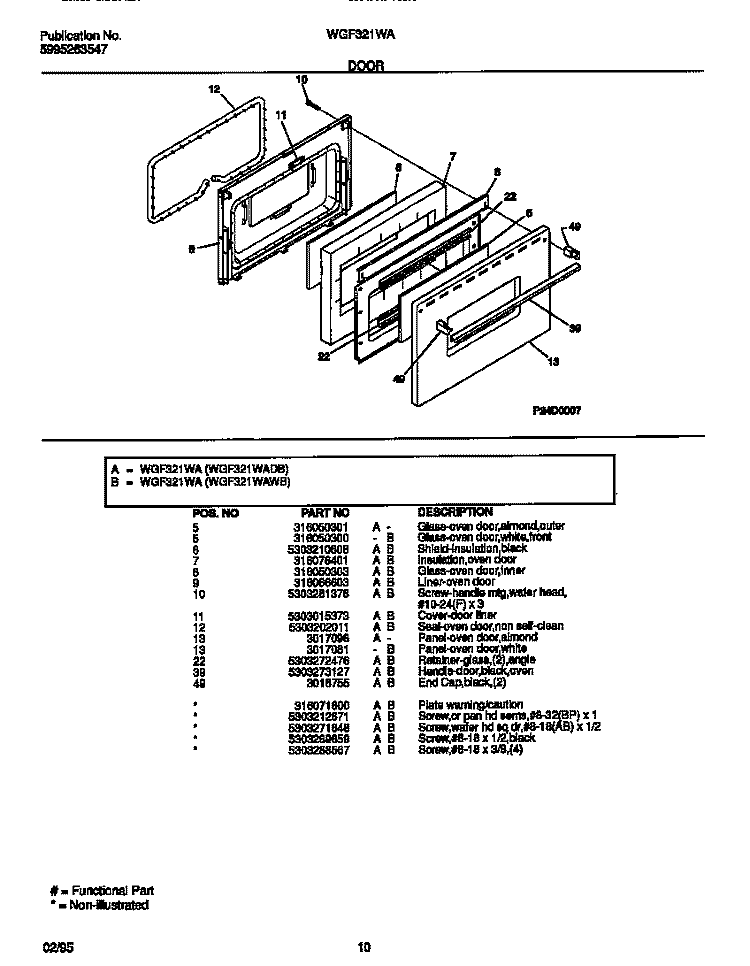 DOOR Diagram and Parts List for WGF321WADB  Frigidaire Range