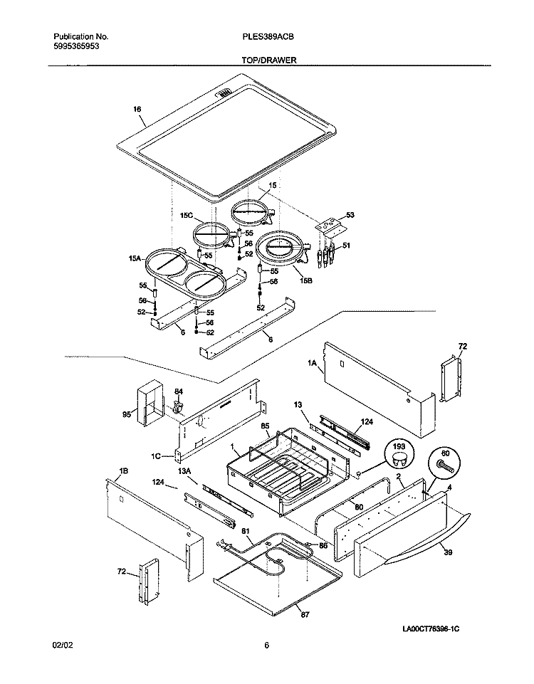 TOP / DRAWER Diagram and Parts List for PLES389ACB  Frigidaire Range