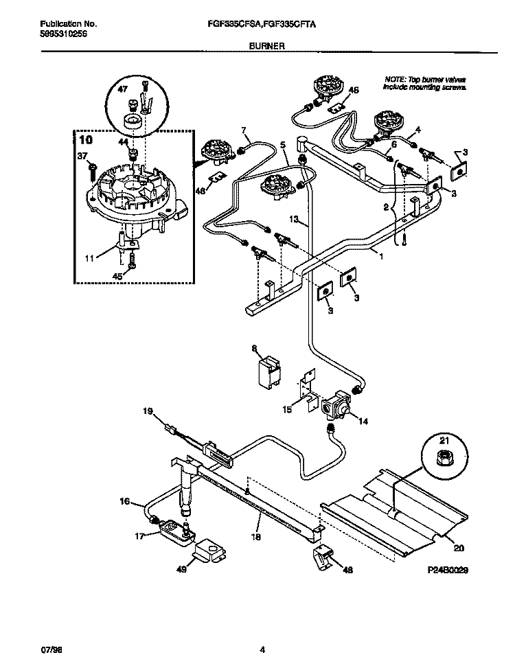 BURNER Diagram and Parts List for FGF335CFSA  Frigidaire Range