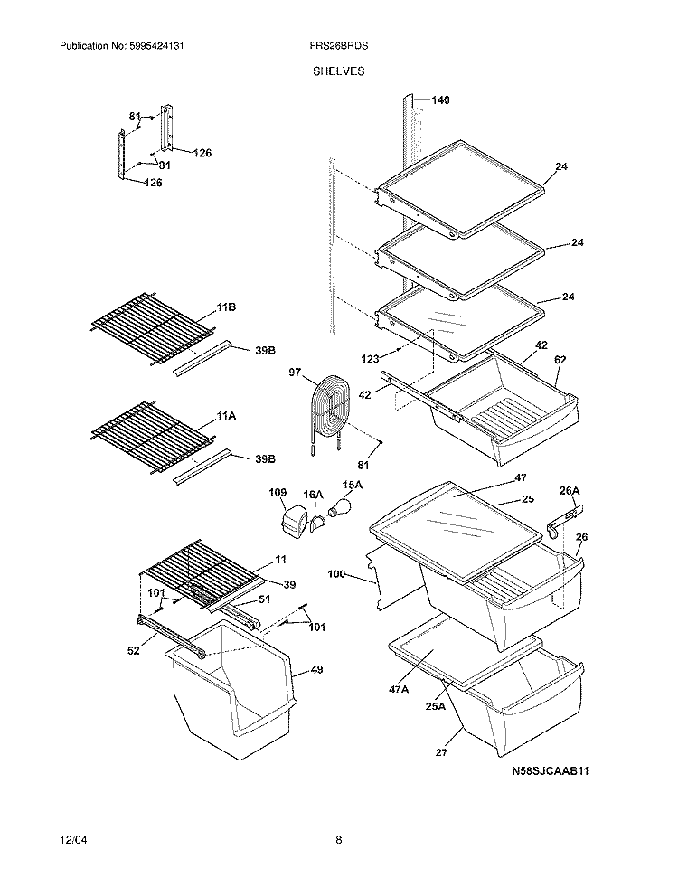SHELVES Diagram and Parts List for FRS26BRDSB1  Frigidaire Refrigerator