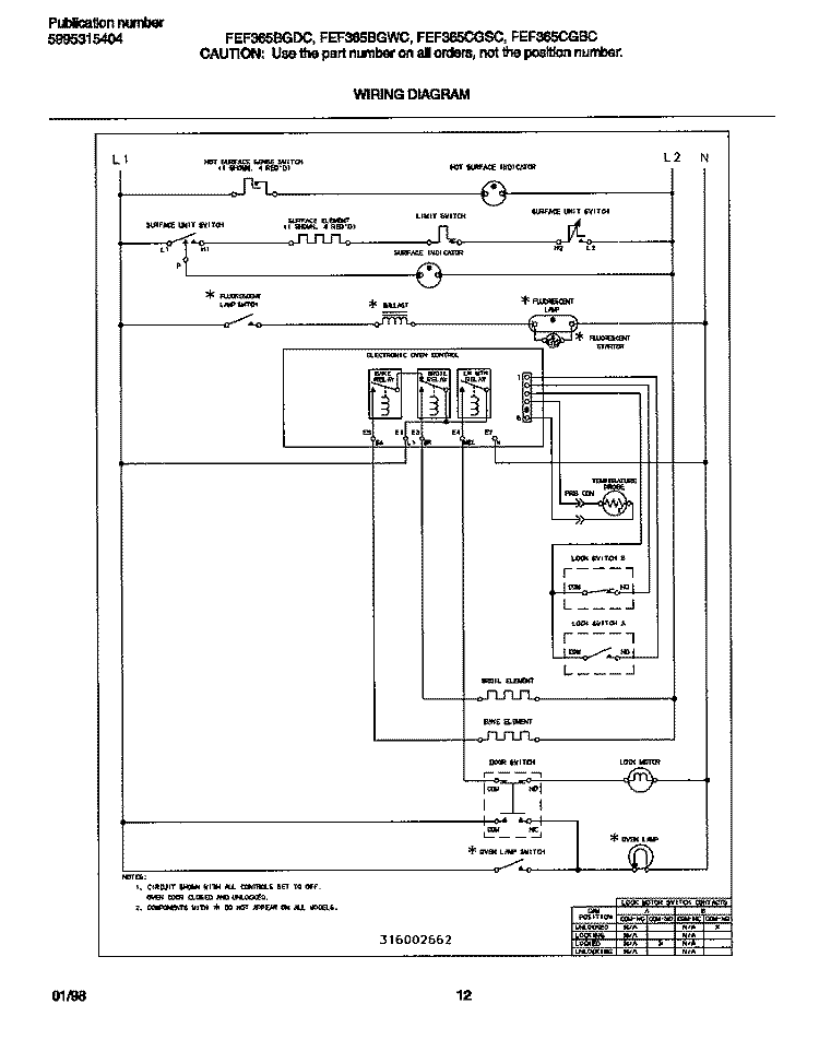 WIRING DIAGRAM Diagram and Parts List for FEF365CGSC  Frigidaire Range