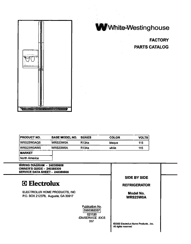 COVER Diagram and Parts List for WRS23W0AW5  Westinghouse Refrigerator