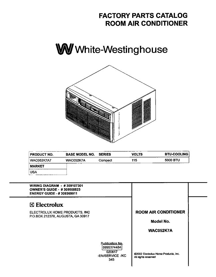 COVER Diagram and Parts List for WAC052K7A7  Westinghouse Air Conditioner