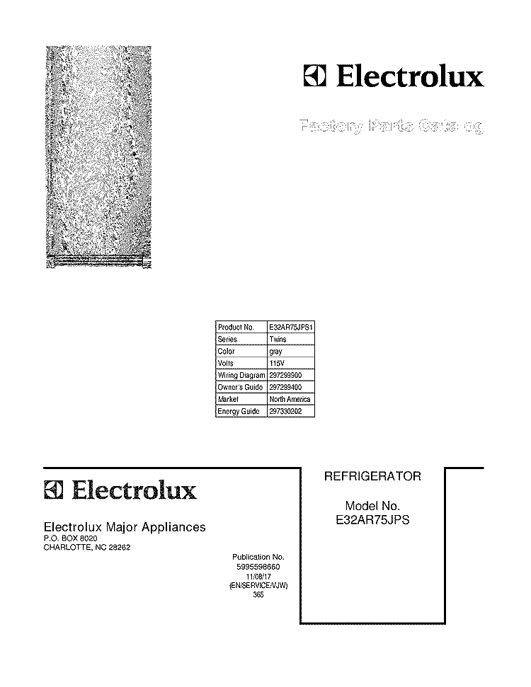 COVER Diagram and Parts List for E32AR75JPS1  Electrolux Refrigerator