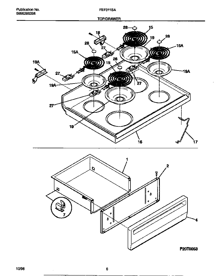 TOP / DRAWER Diagram and Parts List for FEF311SAWG  Frigidaire Range