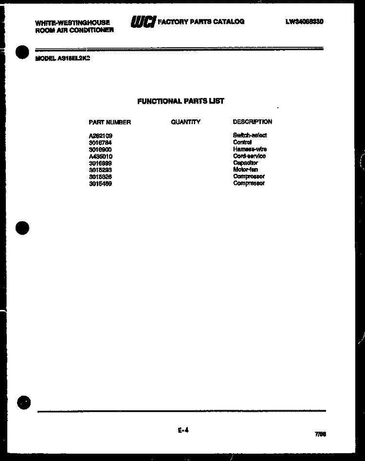 ELECTRICAL PARTS Diagram and Parts List for AC088K7B3  Frigidaire Air Conditioner