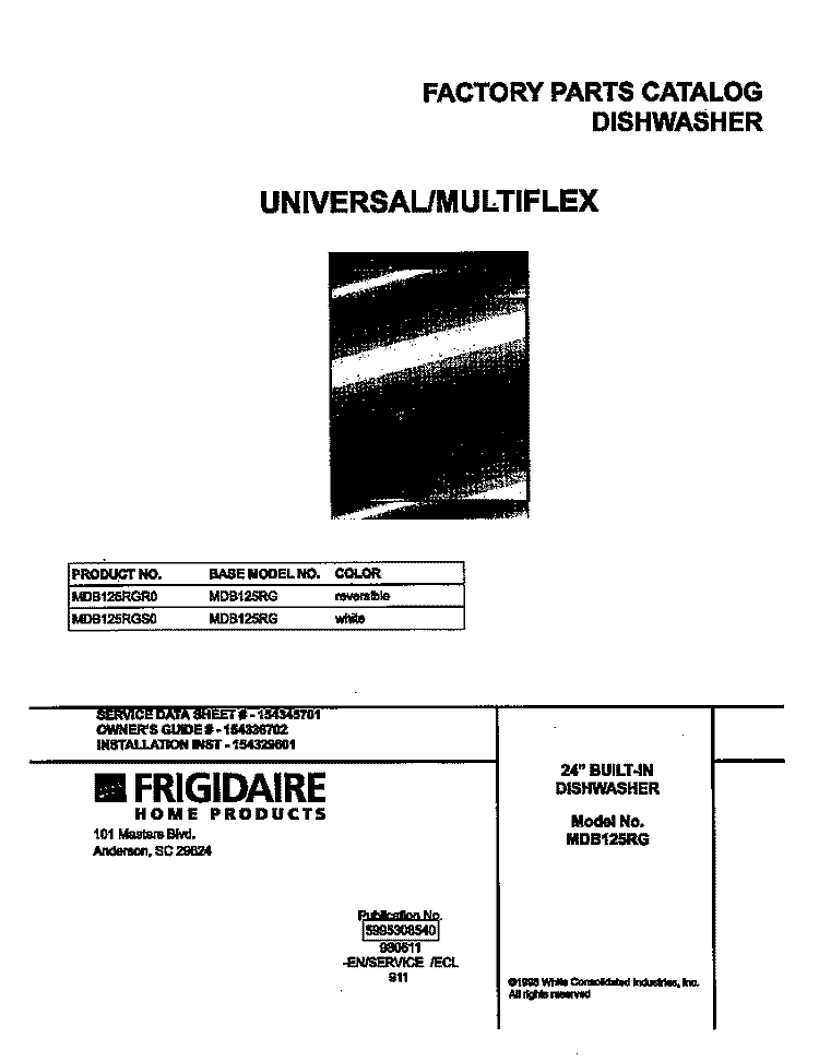 COVER Diagram and Parts List for MDB125RGR0  Frigidaire Dishwasher