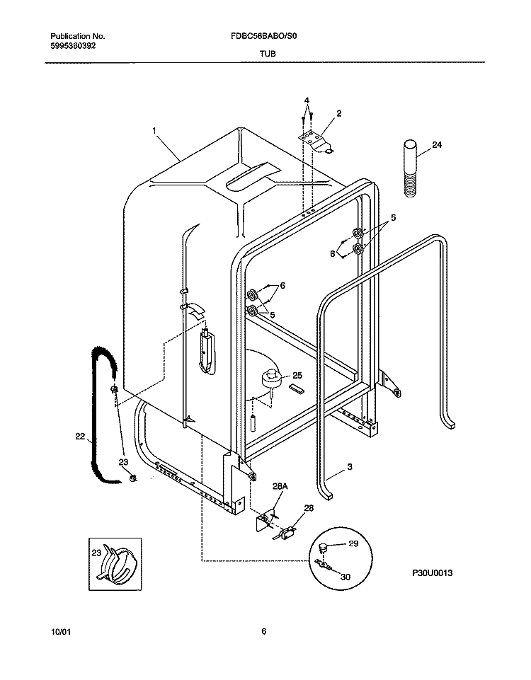 TUB Diagram and Parts List for FDBC56BAS0  Frigidaire Dishwasher