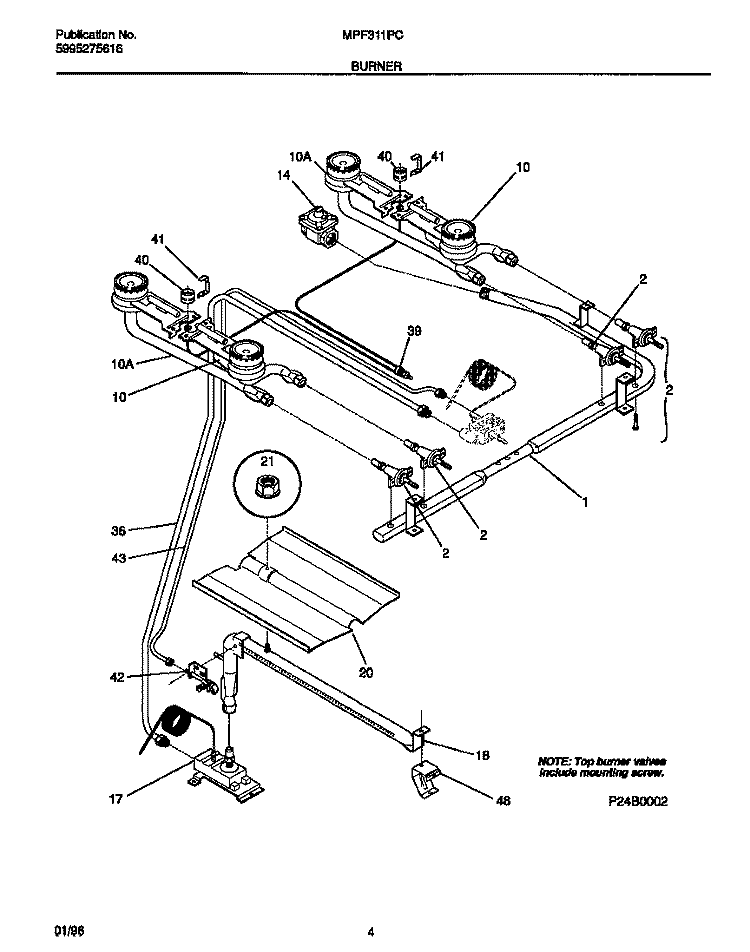 BURNER Diagram and Parts List for MPF311PCWB  Frigidaire Range