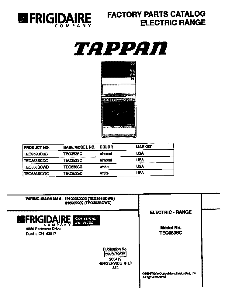 COVER Diagram and Parts List for TEO353SCDC  Tappan Range