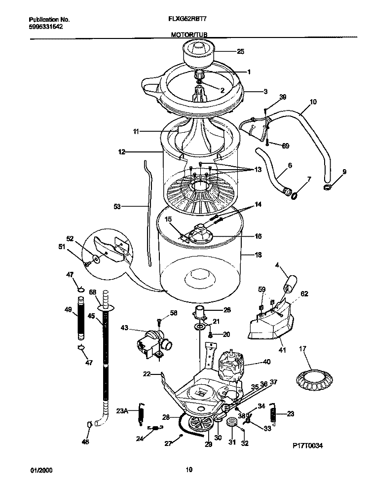 MOTOR / TUB Diagram and Parts List for FLXG52RBT7  Frigidaire Washer Dryer Combo