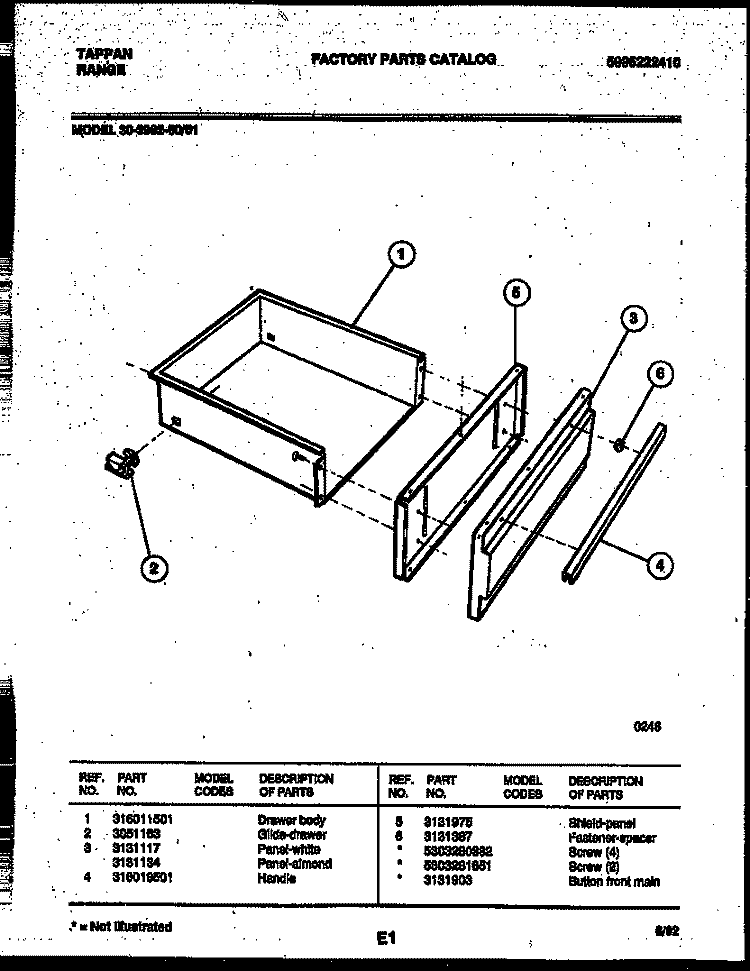 DRAWER PARTS Diagram and Parts List for 30-3982-23-01  Tappan Range