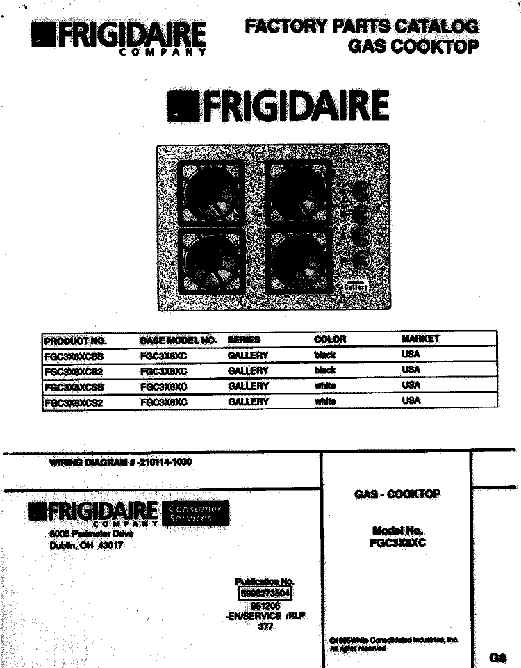 COVER Diagram and Parts List for FGC3X8XCB2  Frigidaire Cooktop