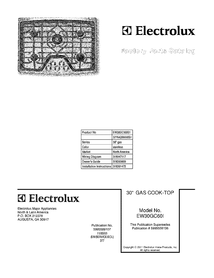 COVER Diagram and Parts List for EW30GC60IS1  Electrolux Cooktop