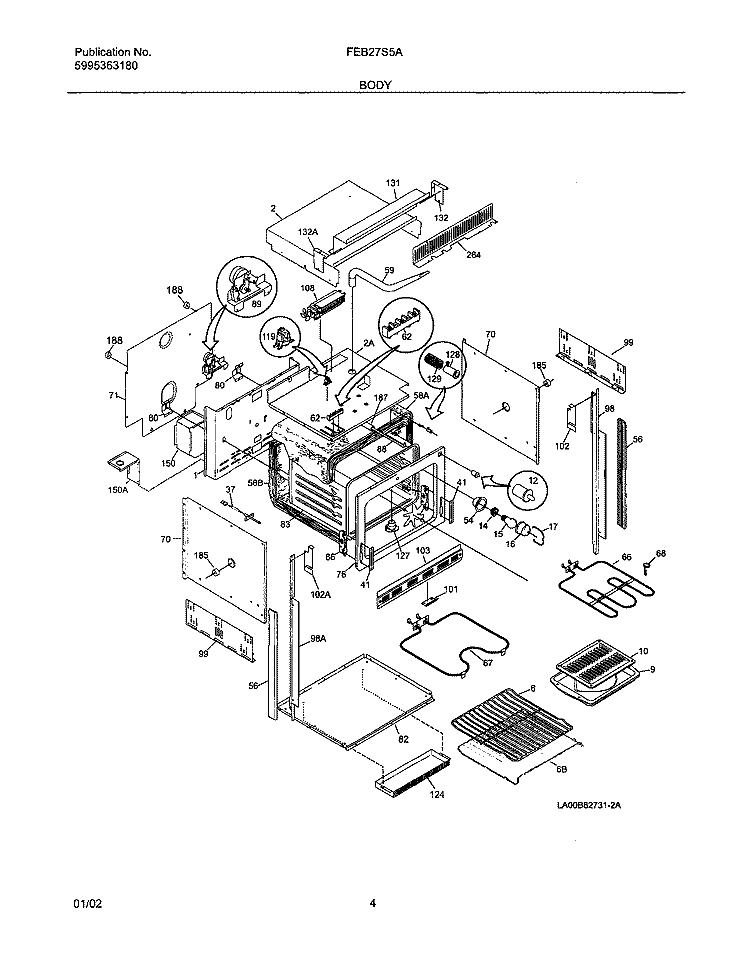 BODY Diagram and Parts List for FEB27S5ASA  Frigidaire Wall Oven