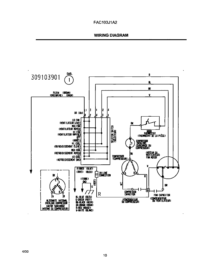 WIRING DIAGRAM Diagram and Parts List for FAC103J1A2  Frigidaire Air Conditioner