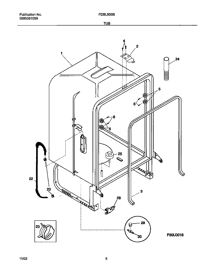 TUB Diagram and Parts List for FDBL955BS1  Frigidaire Dishwasher