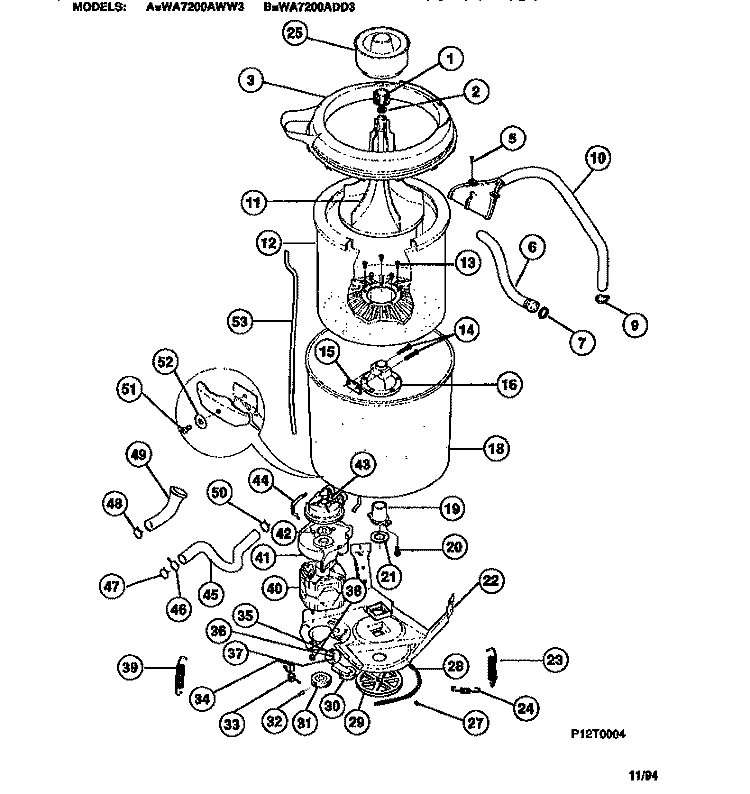 TUBS, HOSES, MOTOR Diagram and Parts List for WA7200AWW3  Frigidaire Washer