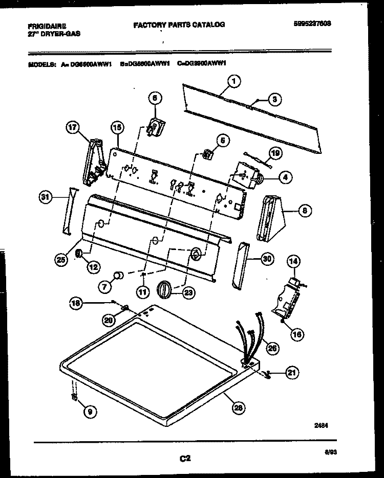 CONSOLE AND CONTROL PARTS Diagram and Parts List for DG3900AWW1  Frigidaire Dryer