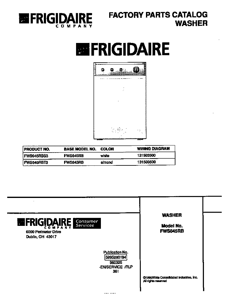 COVER Diagram and Parts List for FWS645RBT3  Frigidaire Washer