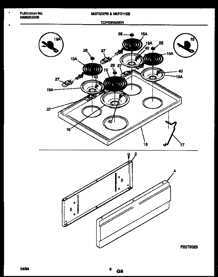 COOKTOP AND DRAWER PARTS Diagram and Parts List for MEF302PBWA  Frigidaire Range