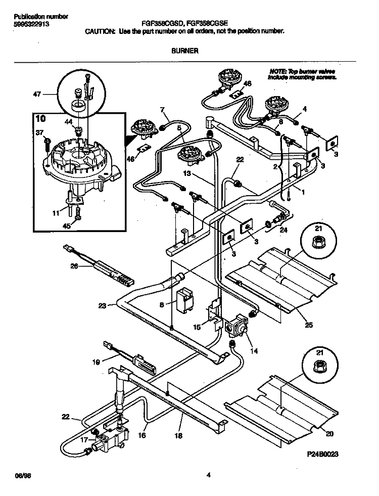 BURNER Diagram and Parts List for FGF358CGSD  Frigidaire Range