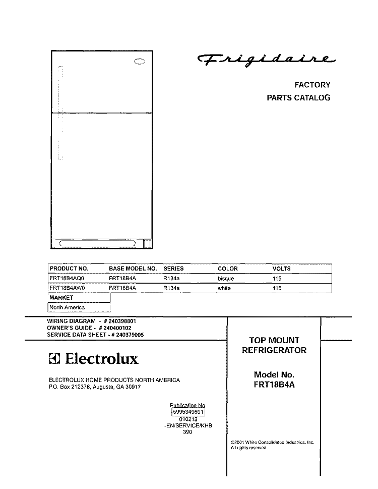 COVER Diagram and Parts List for FRT18B4AW0  Frigidaire Refrigerator