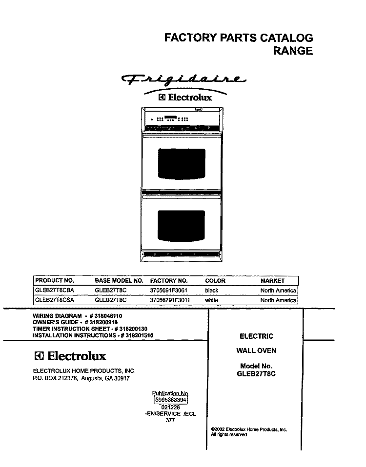 COVER Diagram and Parts List for GLEB27T8CBA  Frigidaire Wall Oven