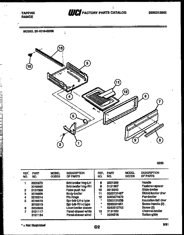BROILER DRAWER PARTS Diagram and Parts List for 32-1019-00-06  Tappan Range