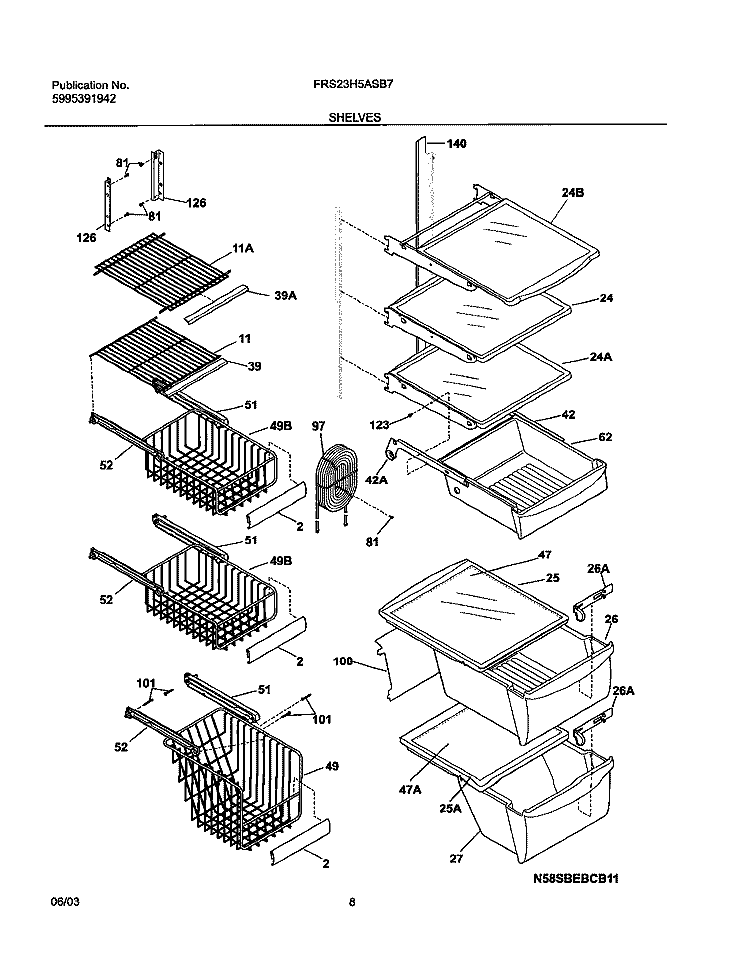 SHELVES Diagram and Parts List for FRS23H5ASB7  Frigidaire Refrigerator