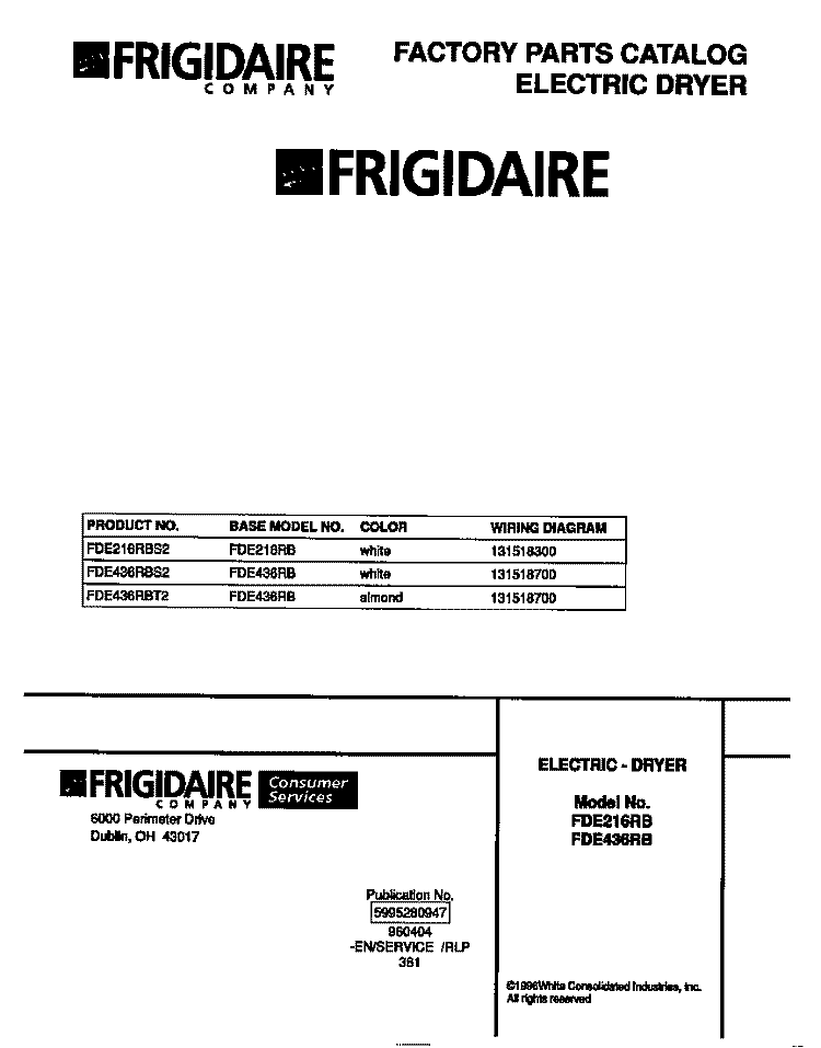 COVER Diagram and Parts List for FDE216RBS2  Frigidaire Dryer