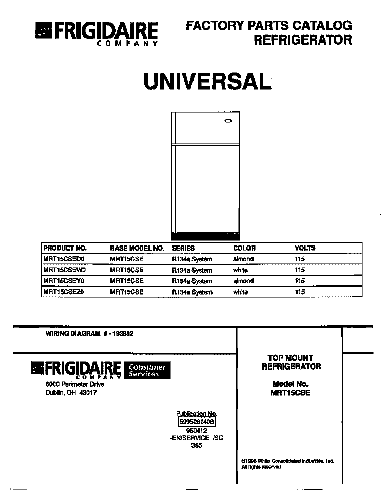 COVER Diagram and Parts List for MRT15CSEZ0  Frigidaire Refrigerator