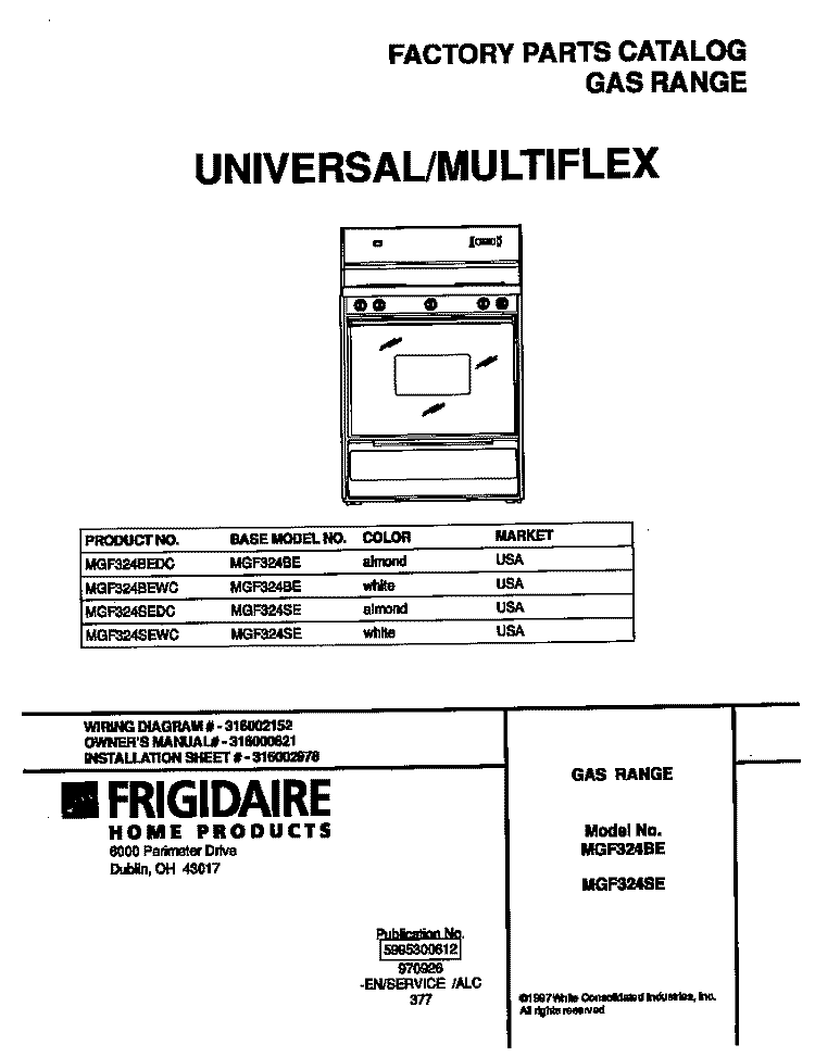 COVER Diagram and Parts List for MGF324BEWC  Frigidaire Range