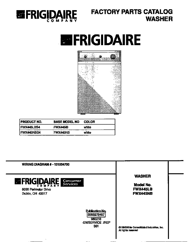 COVER Diagram and Parts List for FWX445LBS4  Frigidaire Washer