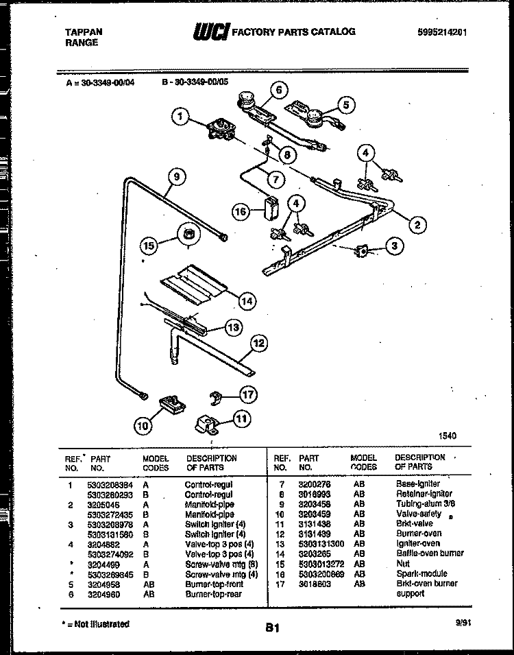 BURNER, MANIFOLD AND GAS CONTROL Diagram and Parts List for 30-3349-00-05  Tappan Range