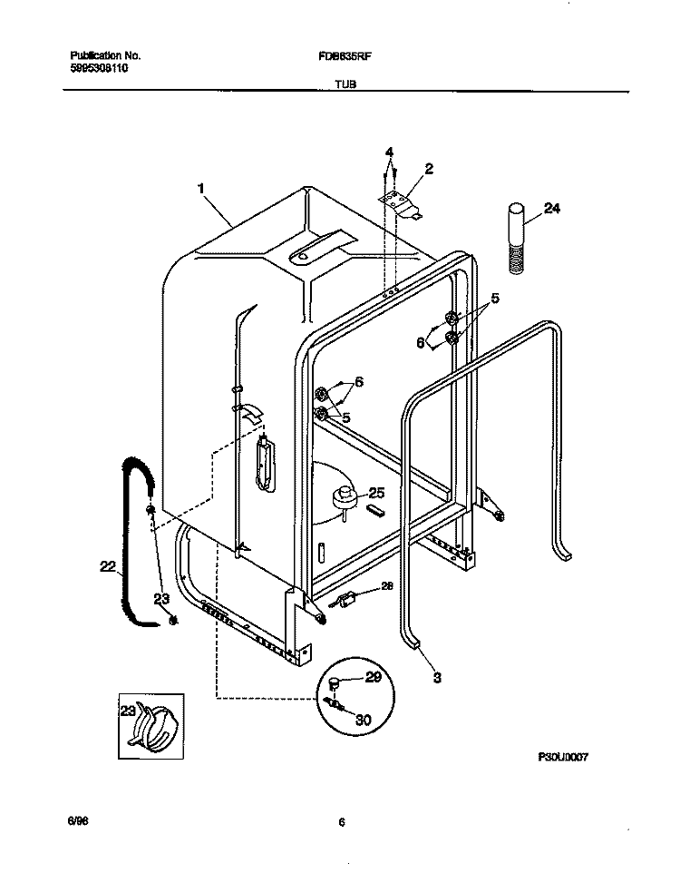 TUB Diagram and Parts List for FDB635RFS4  Frigidaire Dishwasher