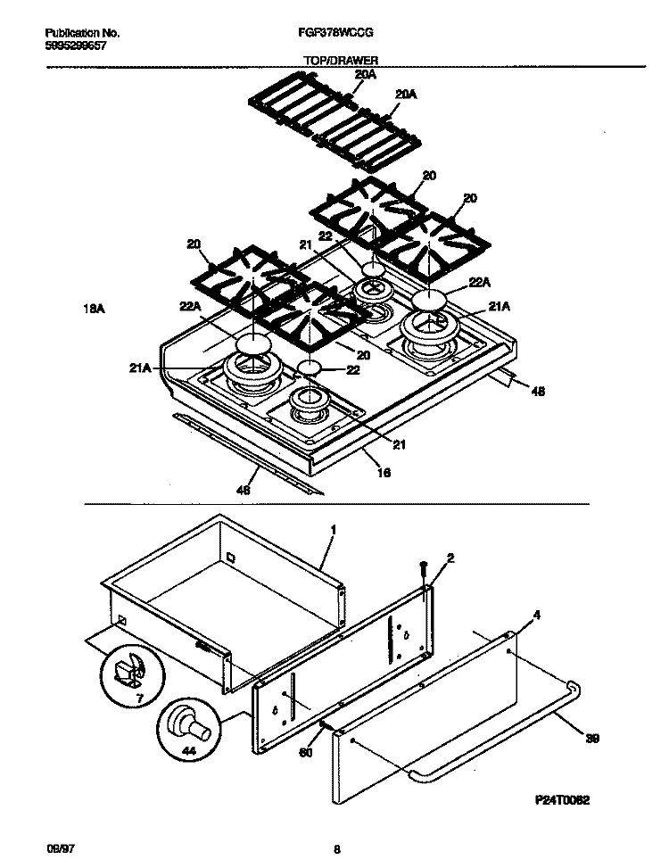 TOP / DRAWER Diagram and Parts List for FGF378WCCG  Frigidaire Range
